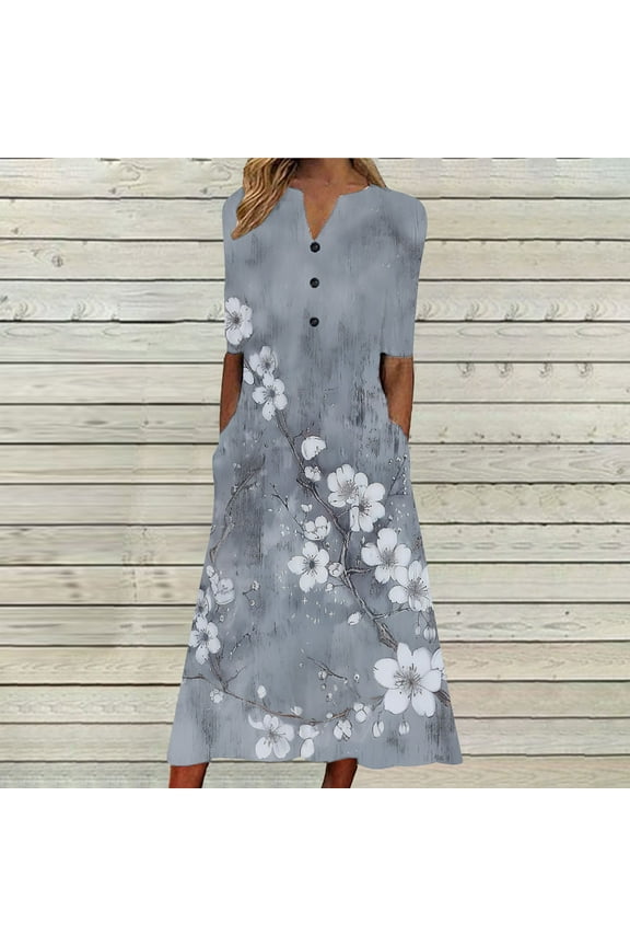 Summer Dresses for Women Casual Pocket Button Down Plus Size Tunic Dresses Elbow-Length V-Neck Camouflage Long Sun Dress Gray XXL
