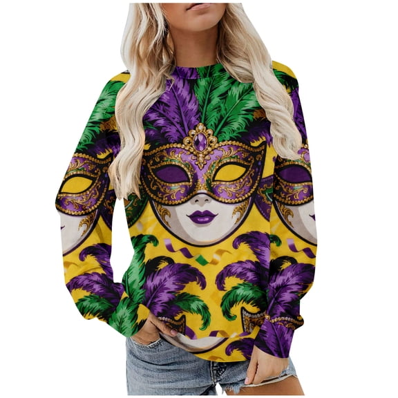 Felirenzacia Women's Carnival Crewneck Long Sleeve Fleece Pullover Hoodie Top, Purple Mardi Gras Mask Pattern Sweatshirt for Women, S-3XL