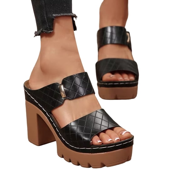 Rokment Womens Platform High Heels Dressy Slides Slippers Sandals Ladies Fashion Casual Leather Chunky Block Heeled Slip on Dress Summer Shoes Business Office Work Black Size 6