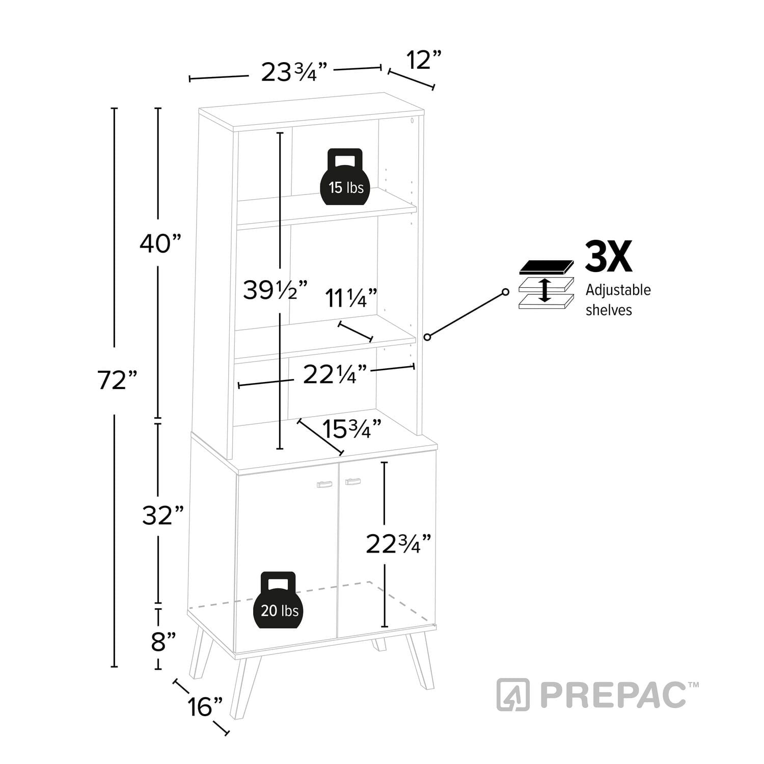 Prepac Milo Mid-Century Modern 2-Door Bookcase with Adjustable Shelves, White