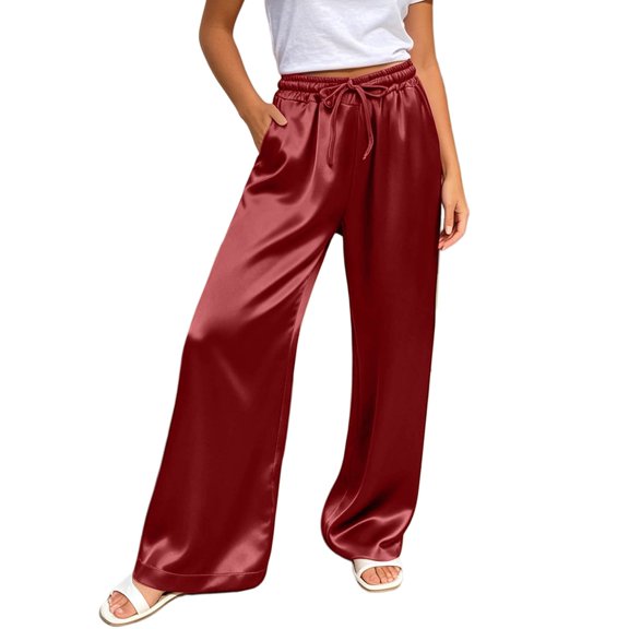Glisme Pants For Women Solid Color Elastic Waist With Pockets And Drawstring Summer Quick Dry Women Wide Leg Trousers Size L Red