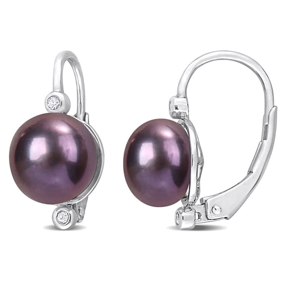 AMOUR 8-8.5mm Black Freshwater Cultured Pearl and Diamond Accent Leverback Earrings In Sterling Silver