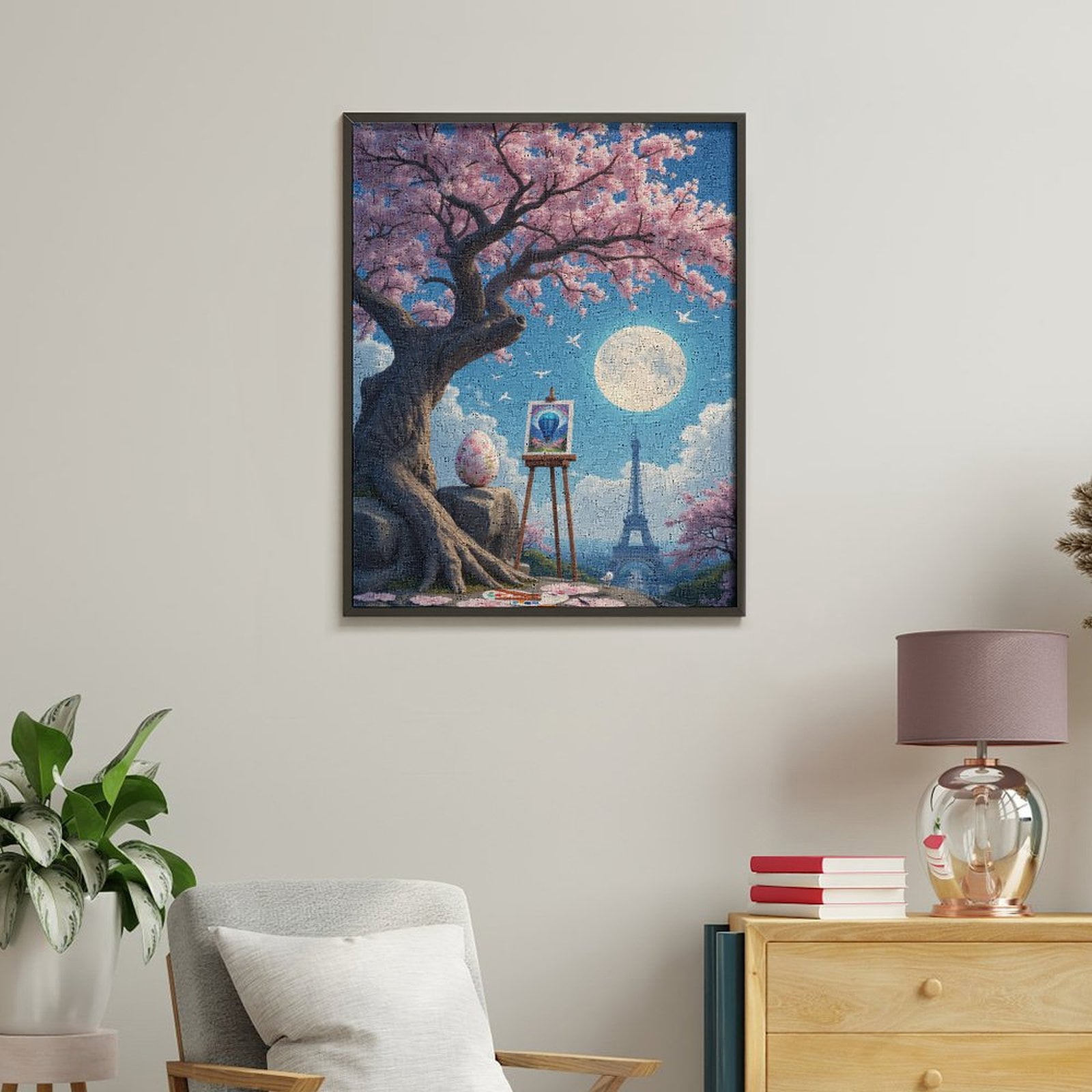 Paint By Numbers Kit for Adults Beginner - DIY Cherry Blossom Moonlit Paris Art Canvas Painting Kits for Adults, Frameless Paint By Number for Adults for Home Wall Decor 16x20 Inch