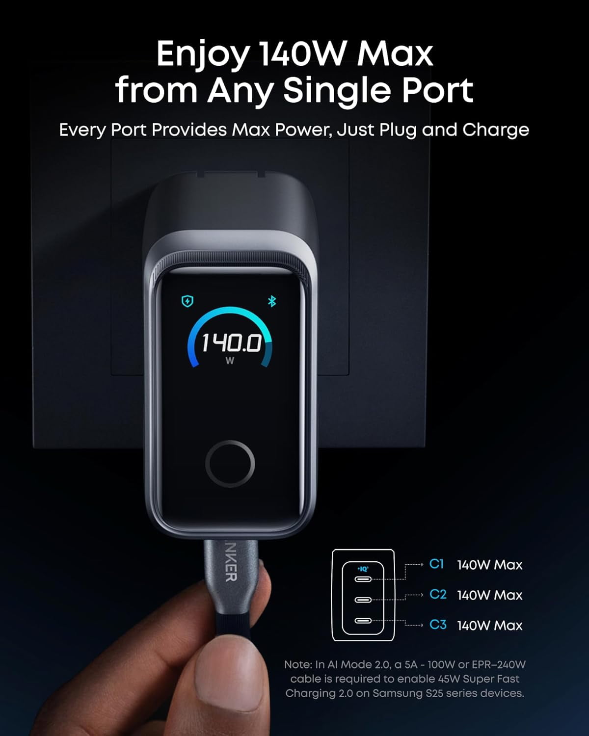 Anker Prime Charger,160W 3-Port Compact GaN USB C Charger Block,Smart Display and Touch Control,Compatible for MacBook Pro,Laptop,iPhone 17 Series(Cable Not Included,Non-Battery)