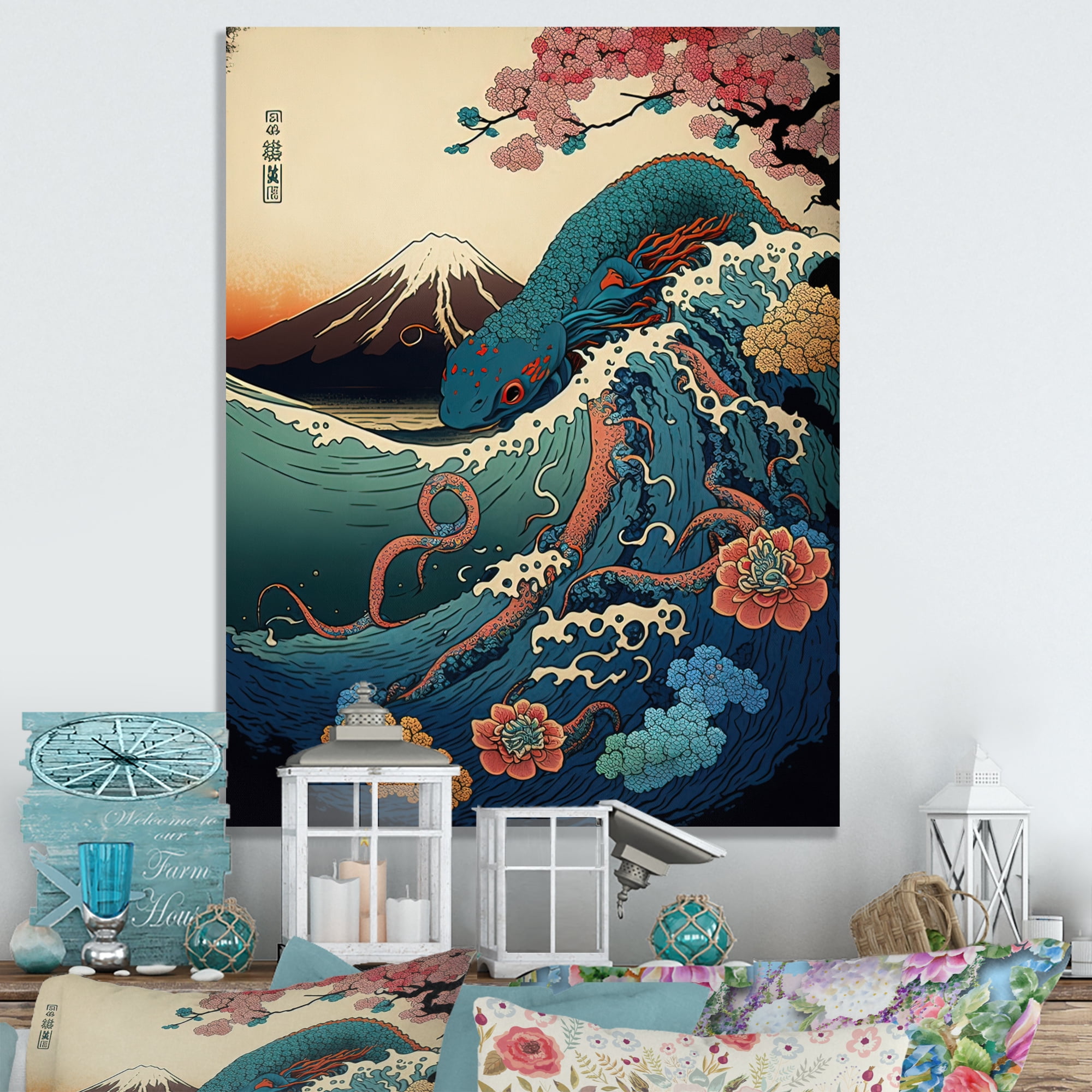Designart Japanese Landscape With Lezard Canvas Wall Art