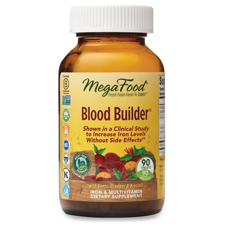 MegaFood, Blood Builder, Daily Iron Supplement and Multivitamin, Supports Energy and Red Blood Cell Production Without Nausea or Constipation, Gluten-Free, Vegan, 90 tablets (90 servings)