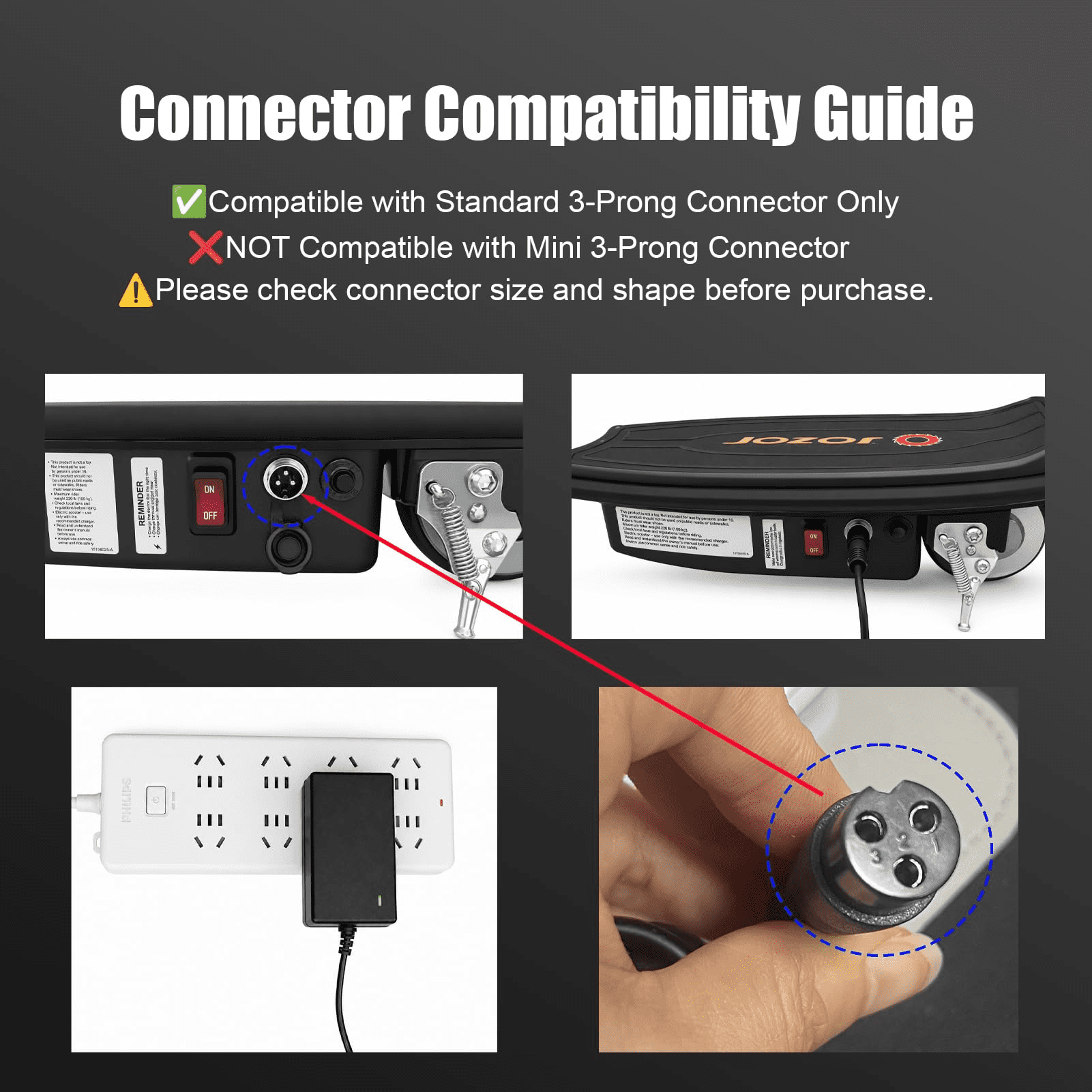 24V 1.5A 3-Prong Charger 6.6FT Cord for Razor E100 E200 E300 Ride-On Toys