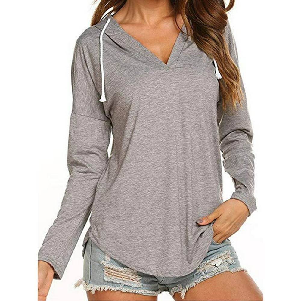 Ukap Women Long Sleeve V Neck Pullover Tops Casual Hoodies Plain Drawstring Hooded Sweatshirt 