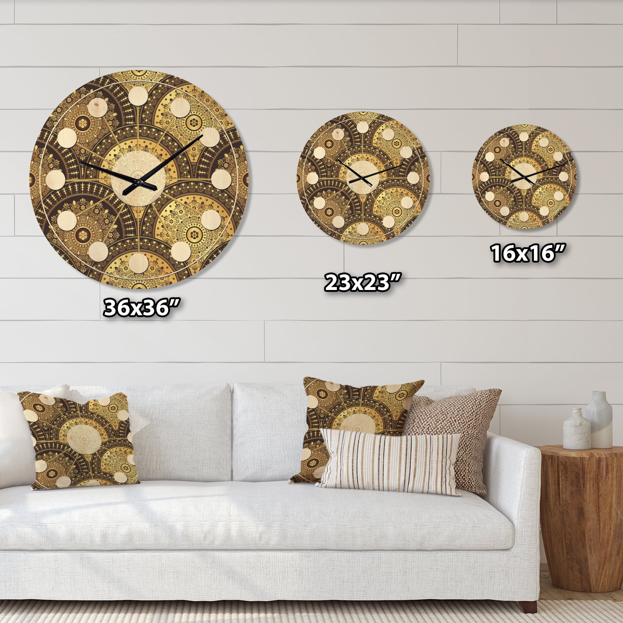 Designart 'Golden Circular Retro Pattern I' Mid-Century Modern Wood Wall Clock