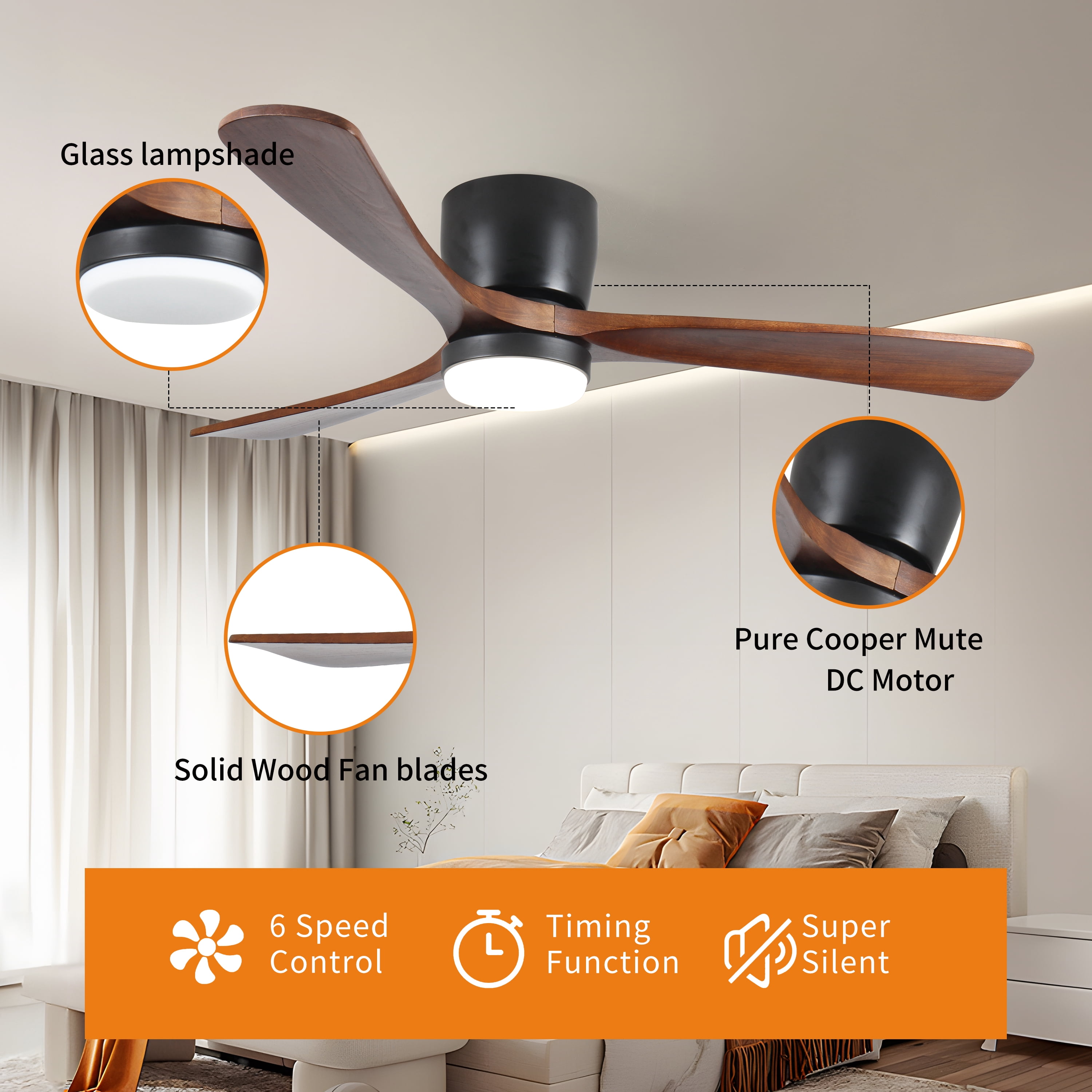 Miniyam 52 in. W Black Wood Ceiling Fan with Light and Remote Flush Mount, Dimmable, 6 Speed, Reversible, 35dB for Bedroom