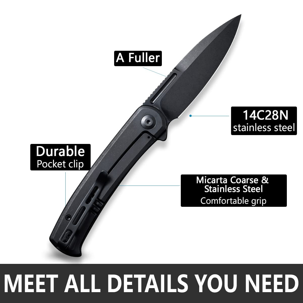 CIVIVI Cetos Folding Knife, 3.48-in 14C28N Blade Spear Point with Coarse Micarta Scale Flipper Knife Frame Lock C21025B-2