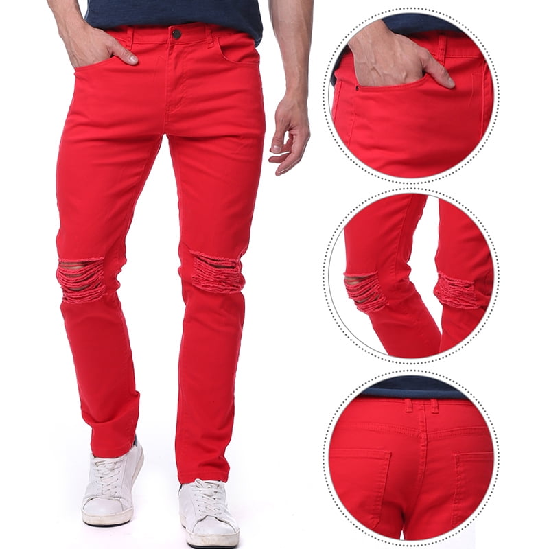 mens red distressed jeans