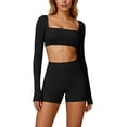 thumbnail image 6 of MOJOGO Women's 2 Piece Yoga Set Square Neck Long Sleeve Crop Top High Waisted Shorts Set Stretchy Workout Running Outfits XXL, 6 of 7