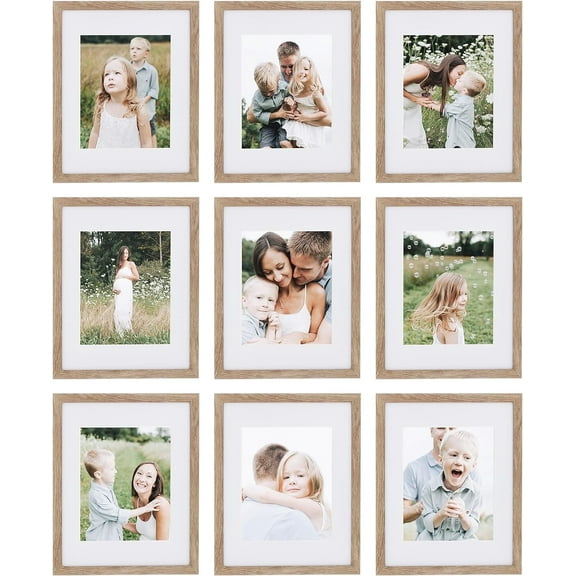 Sheffield Home 9-Pc Wall Decor Picture Frame Set 11x14” Matted Picture Frames for Home Decor, Light Natural