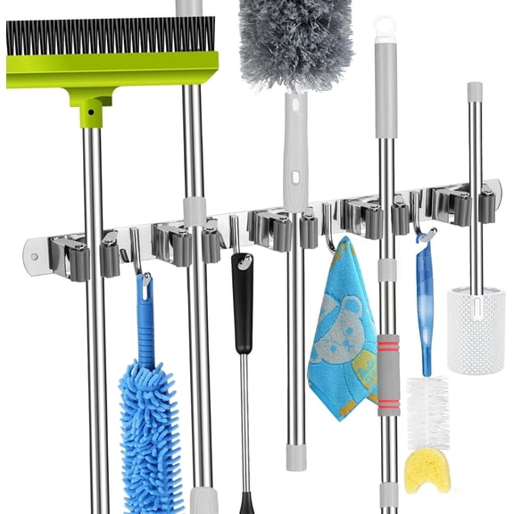 PLERISE 5 Rack 4 Hook Mop Broom Holder Wall Mount, Self Adhesive Heavy Duty Storage Organizer for Kitchen Garden Laundry Garage, 1 Set