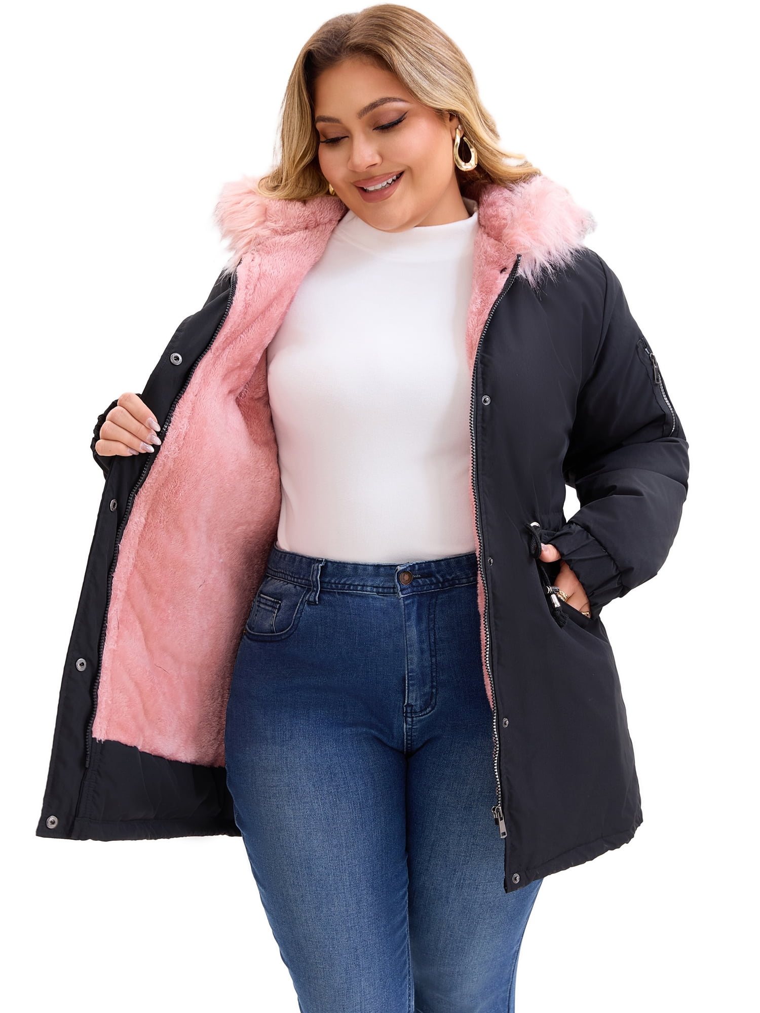DARING DIVA Women's Plus Parka Jacket Fleece Lined Zipper Coat Black Pink 2X