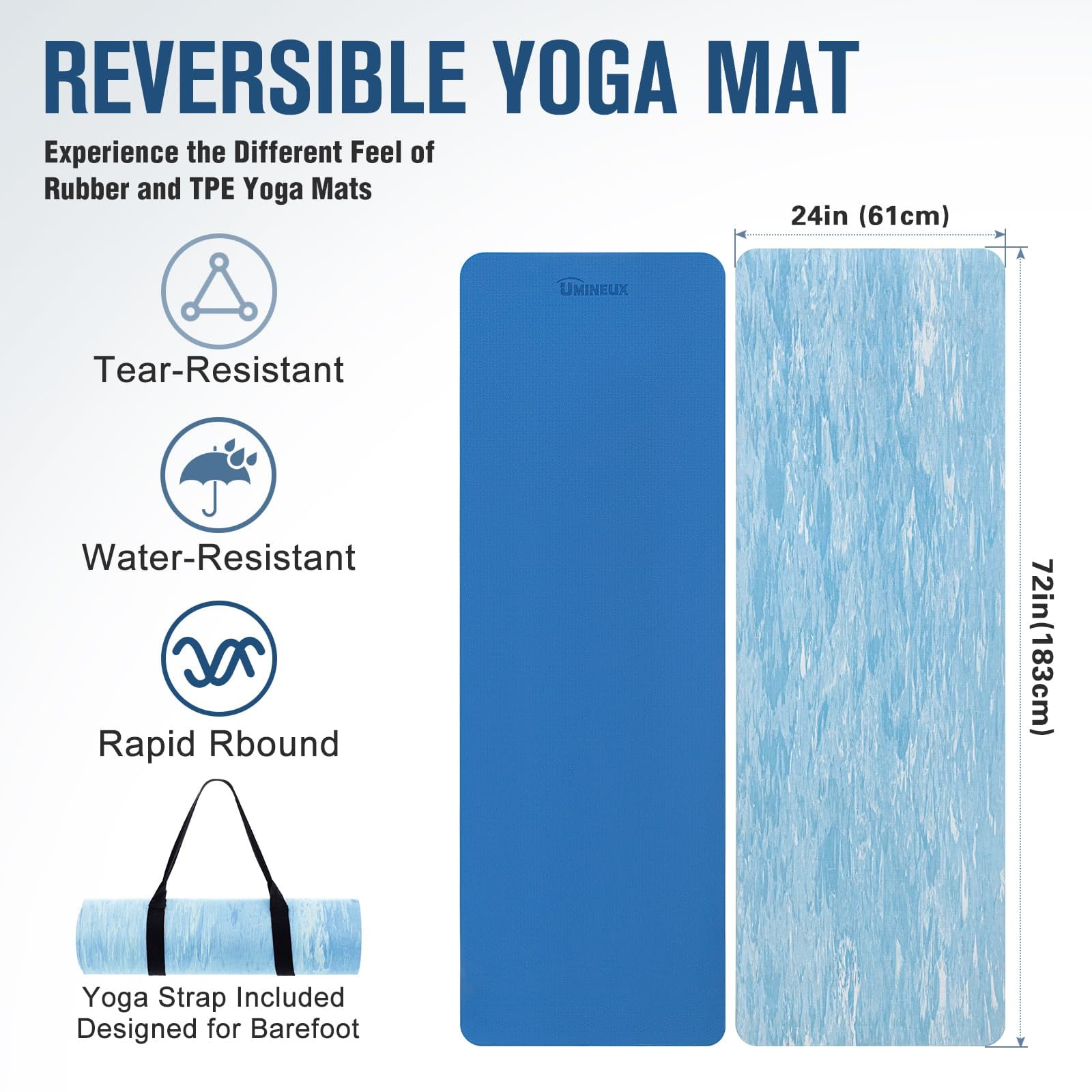 UMINEUX Extra Thick Yoga Mat, 2/5 Inch (10MM), Natural Rubber and TPE Non Slip Yoga Mats with Strap for Women Men, Eco Friendly Exercise Mat for Yoga, Pilates, Blue