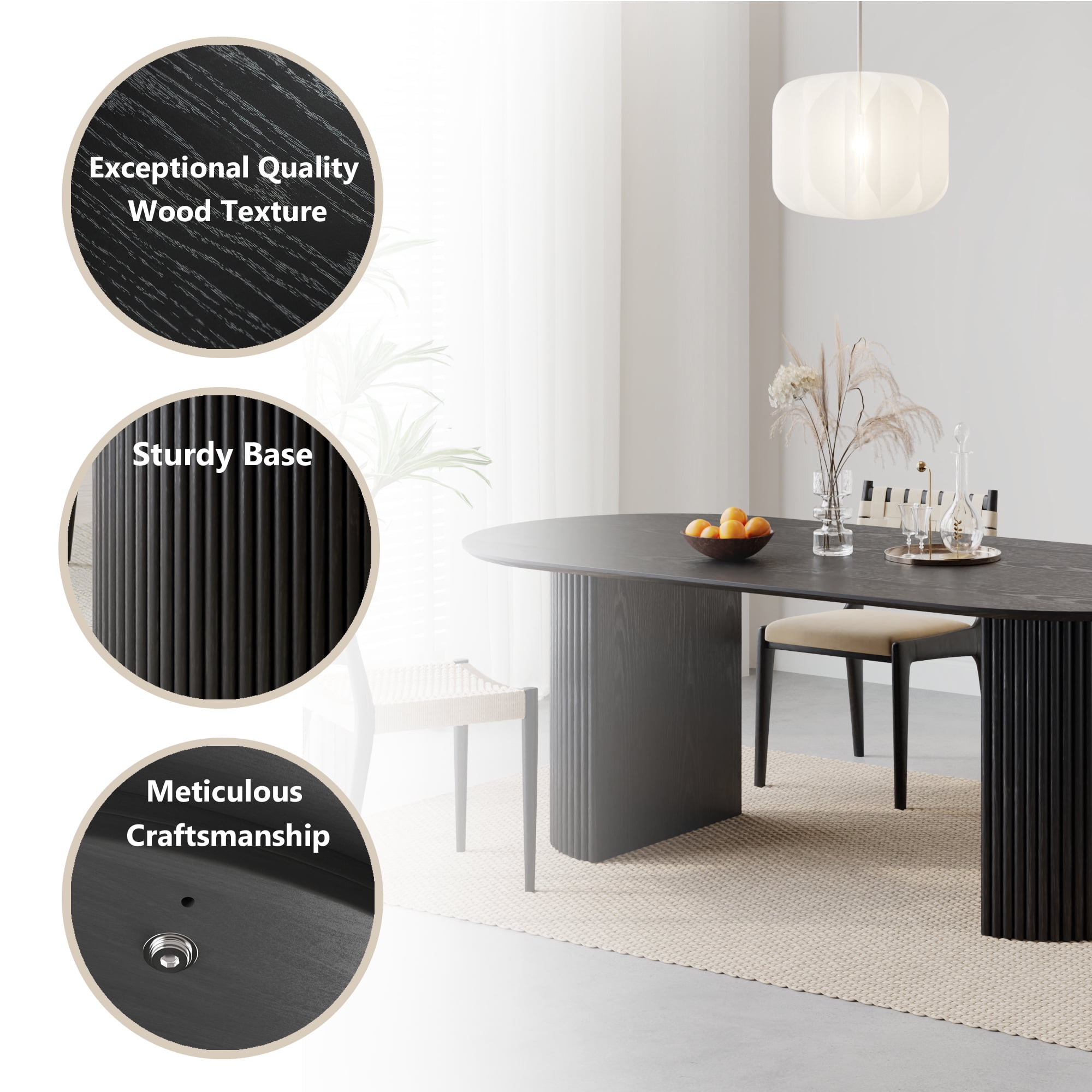 MAYEERTY 79*33.5*30"Oval Black Dining Table with Beveled Edge Top & Convex Fine-Striped Cylinder Split Base