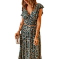 thumbnail image 4 of Women Summer Maxi Skirts Set Ruffle Sleeve V Neck Crop Tops Floral Flowy Skirt Beach Vacation Outfits, 4 of 6