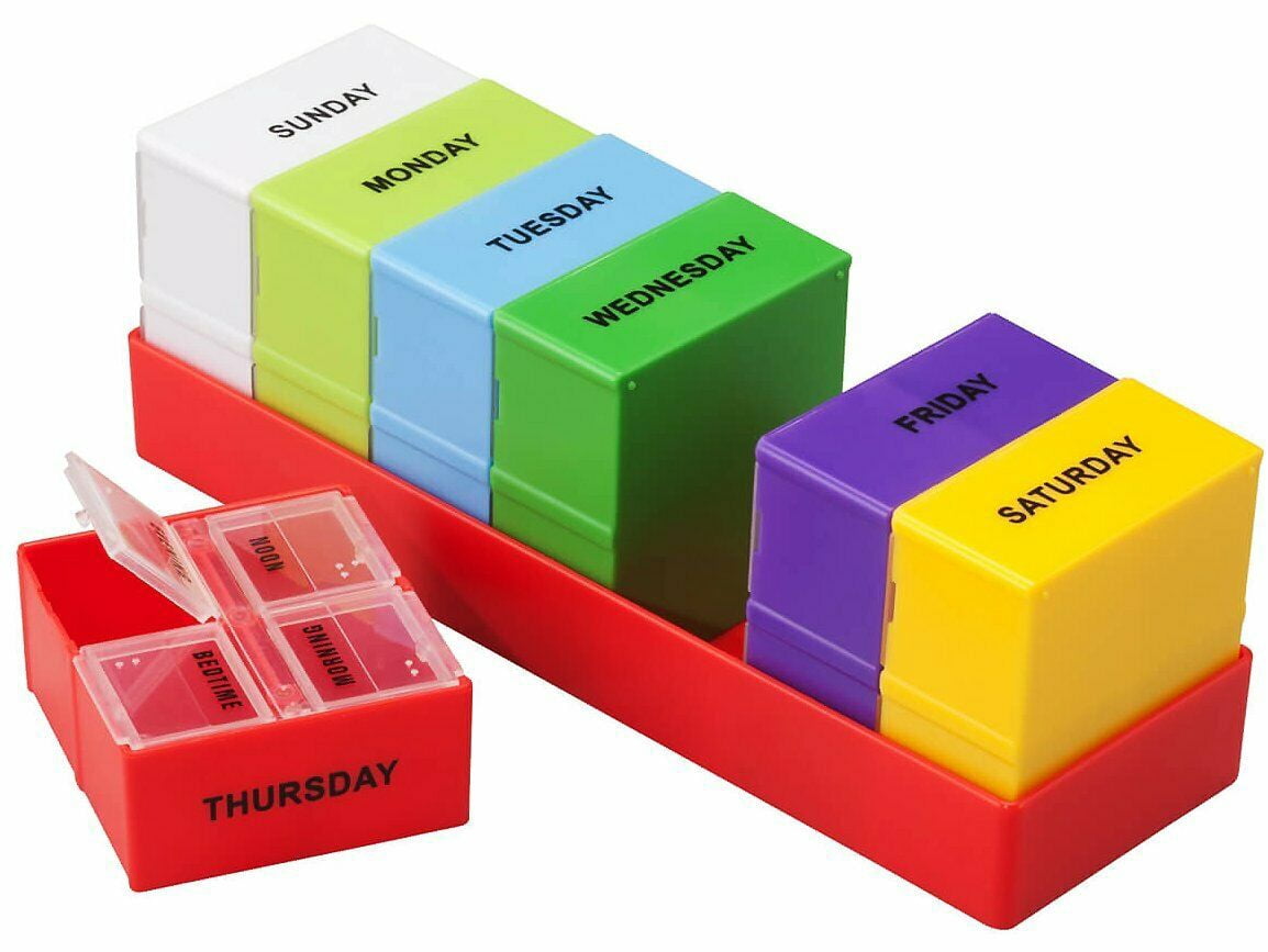 Fine Life Products 7-Day Color Coded 4 Dosage Deep Compartment Pill Organizer Great for Pills and Vitamins, Red Tray