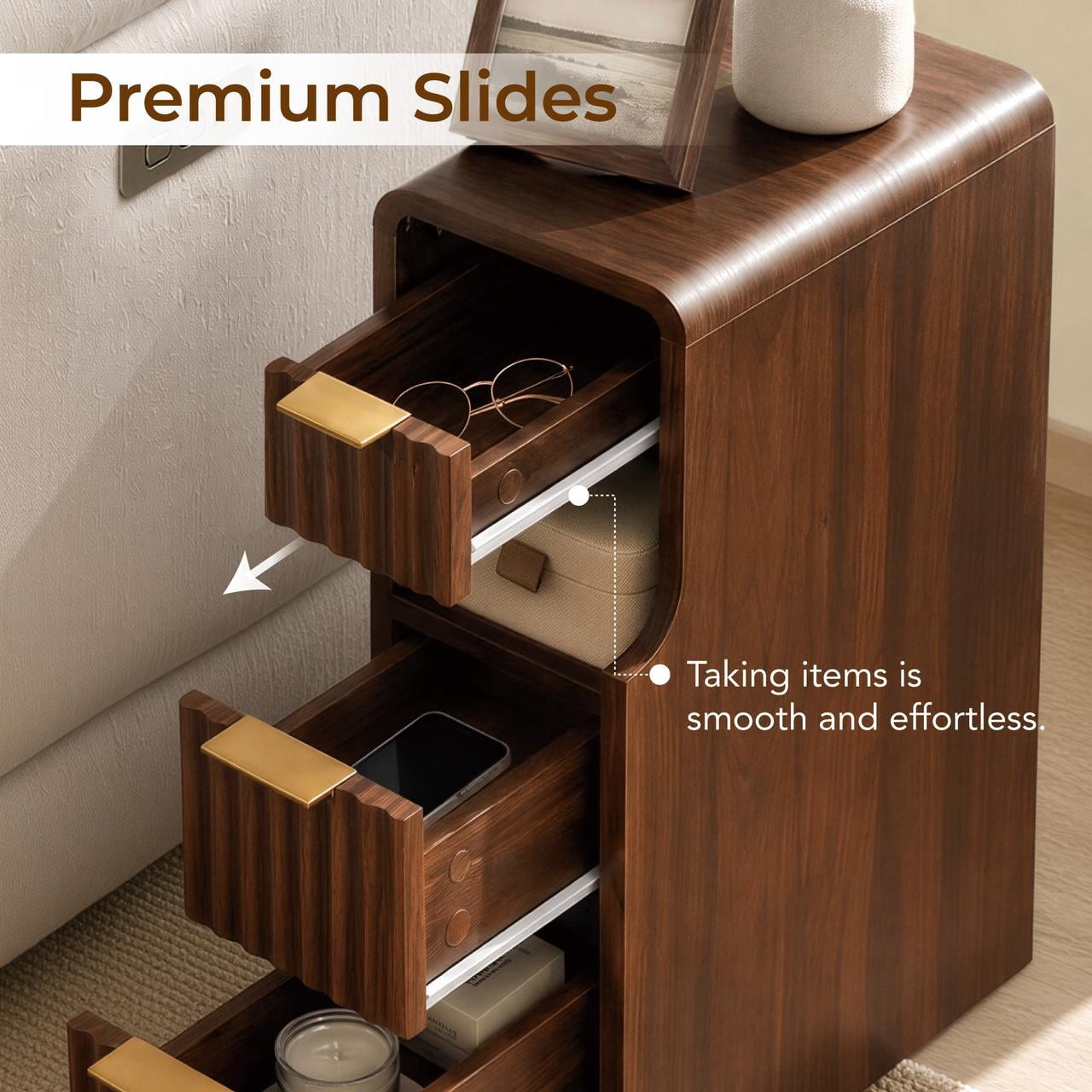 Spruce & Spring Mid-Century Modern Narrow Nightstands Set of 2 with 3 Drawers & Open Shelf for Living Room, End Table for Small Spaces, Walnut
