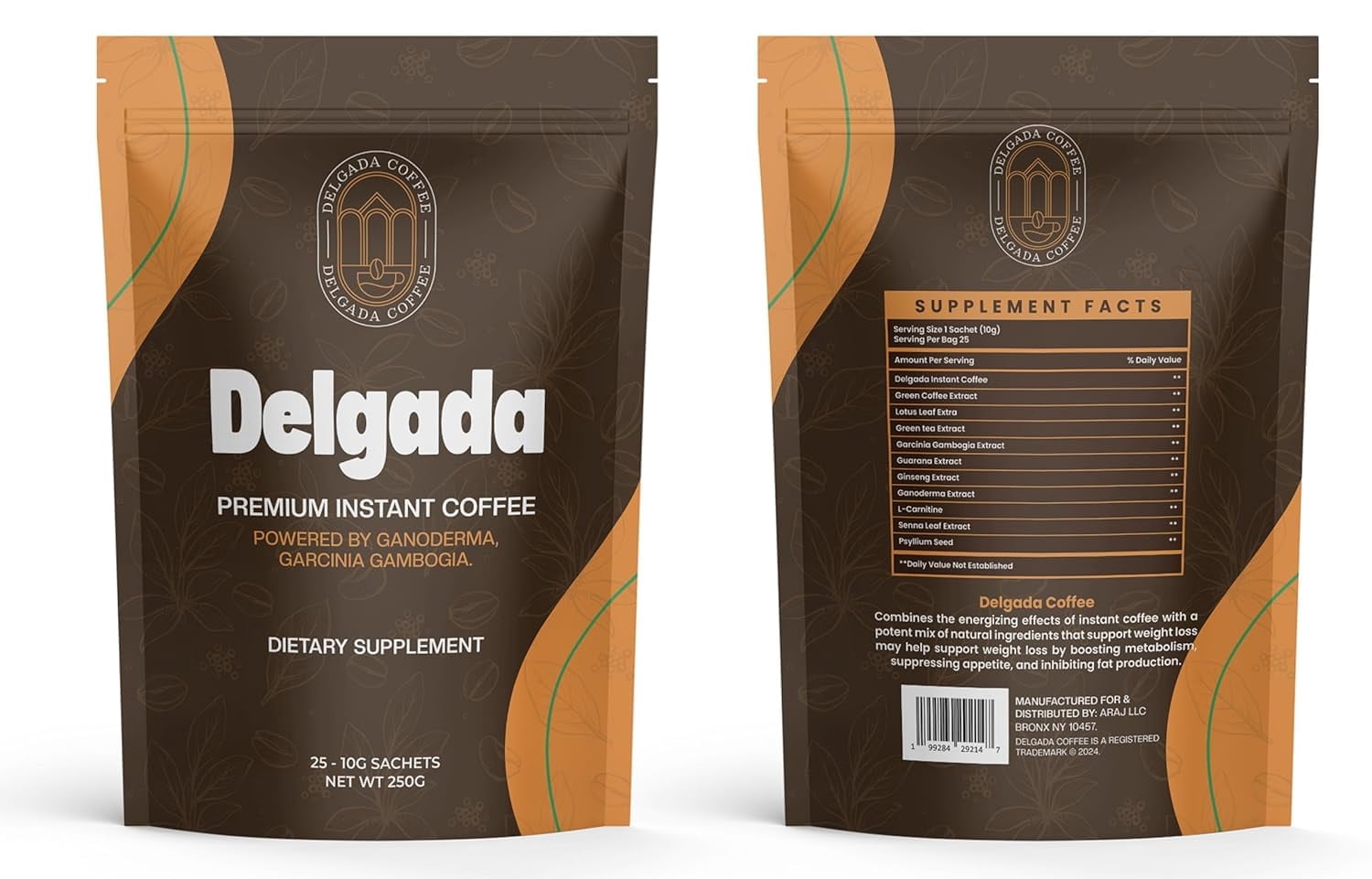 Delgada Instant Coffee - Premium Ganoderma, Rich Bold Taste - Healthy Mushroom Insant Coffee 25 Sachets
