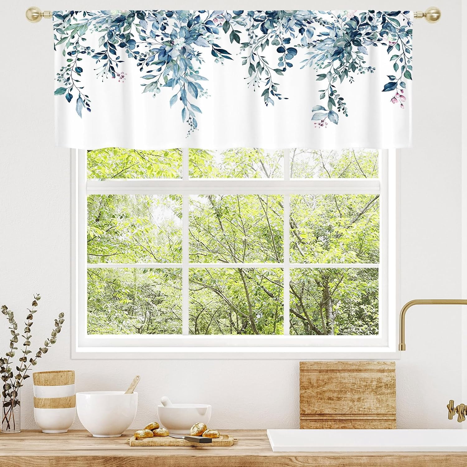 Green Kitchen Curtains Valances, Eucalyptus Leaves Pattern Semi Sheer Kitchen Valances for Living Room, Watercolor Botanical Rod Pocket Short Window Treatment Decor, 52x18