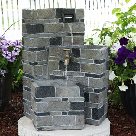 Sunnydaze 3-Tier Brickwork Outdoor Waterfall Fountain with Spigot, Cascading Garden and Patio Water Feature, 23 Inch