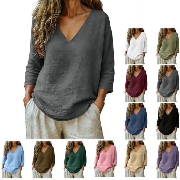 Vmvidoty Boho Clothes for Women 3/4 Length Sleeve Size S-5XL 12  Colors Tees For Women Solid Color Loose Summer Classic T-Shirt Dark Gray S