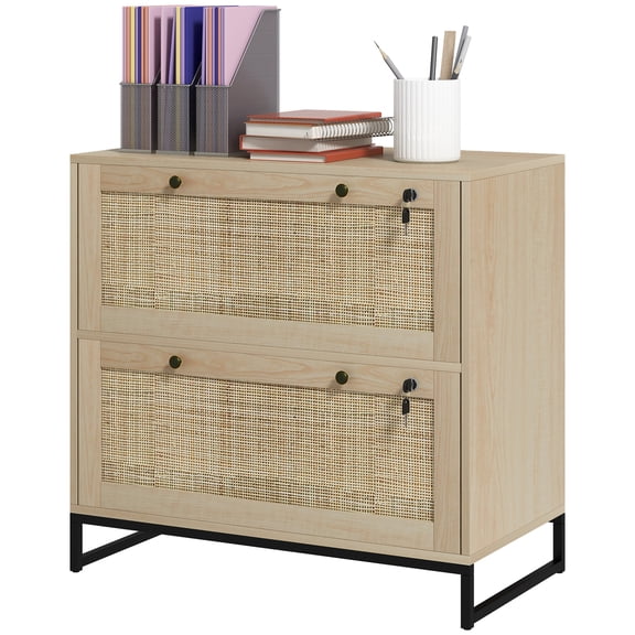 Homiyad Lockable Filing Cabinet, Boho 2 Drawer File Cabinet with Adjustable Hanging Bar for Letter, A4 and Legal Size, Natural