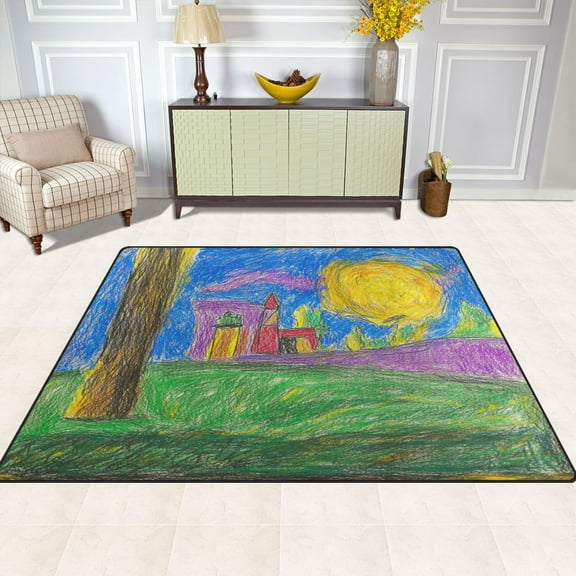 Children Doodle Pattern 63''x48'' Plush Memory Foam Bath Mat, Soft, Absorbent, Non Slip, Durable