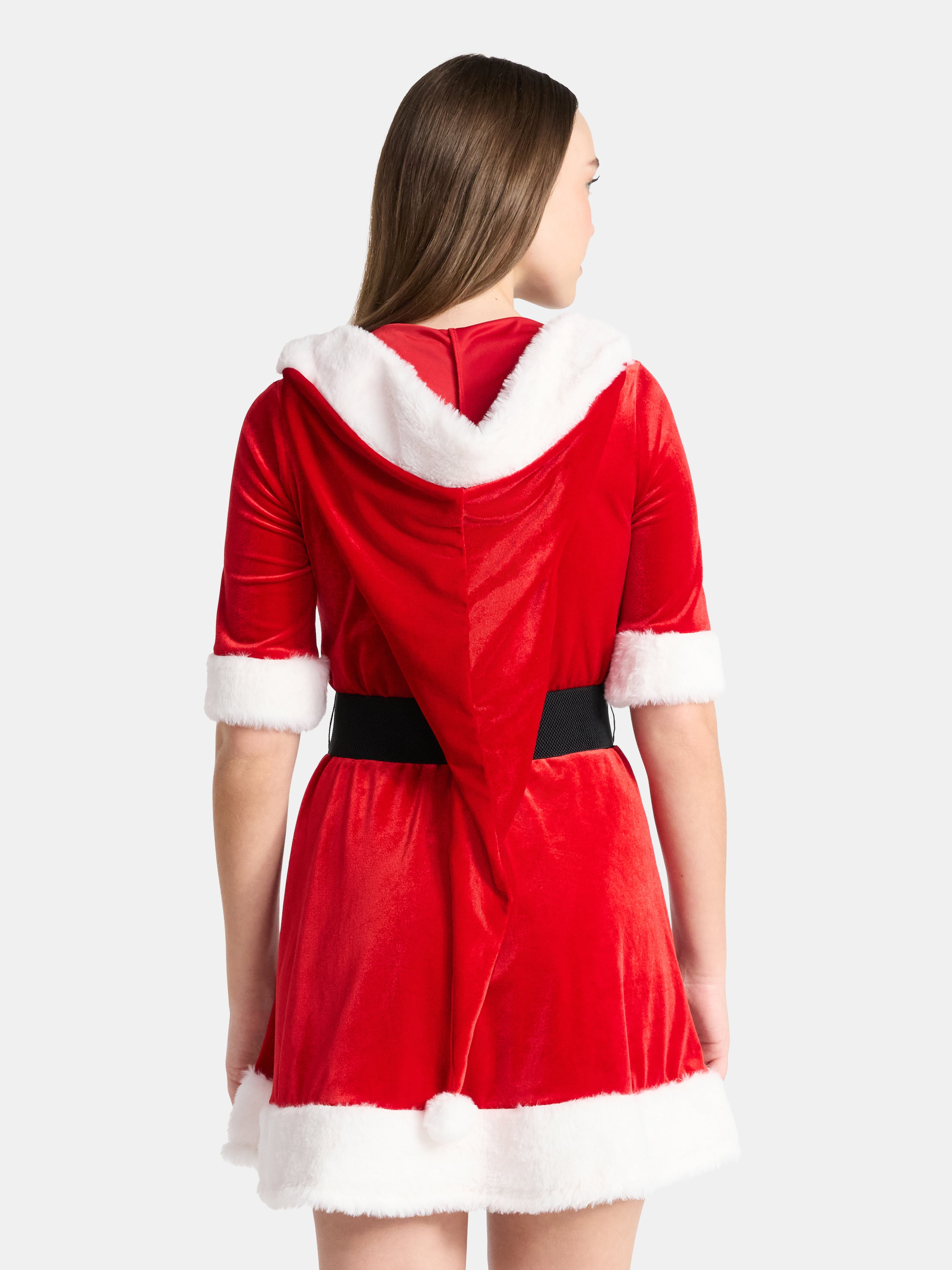 No Boundaries Christmas Santa Dress with Hood and Faux Fur, Women’s