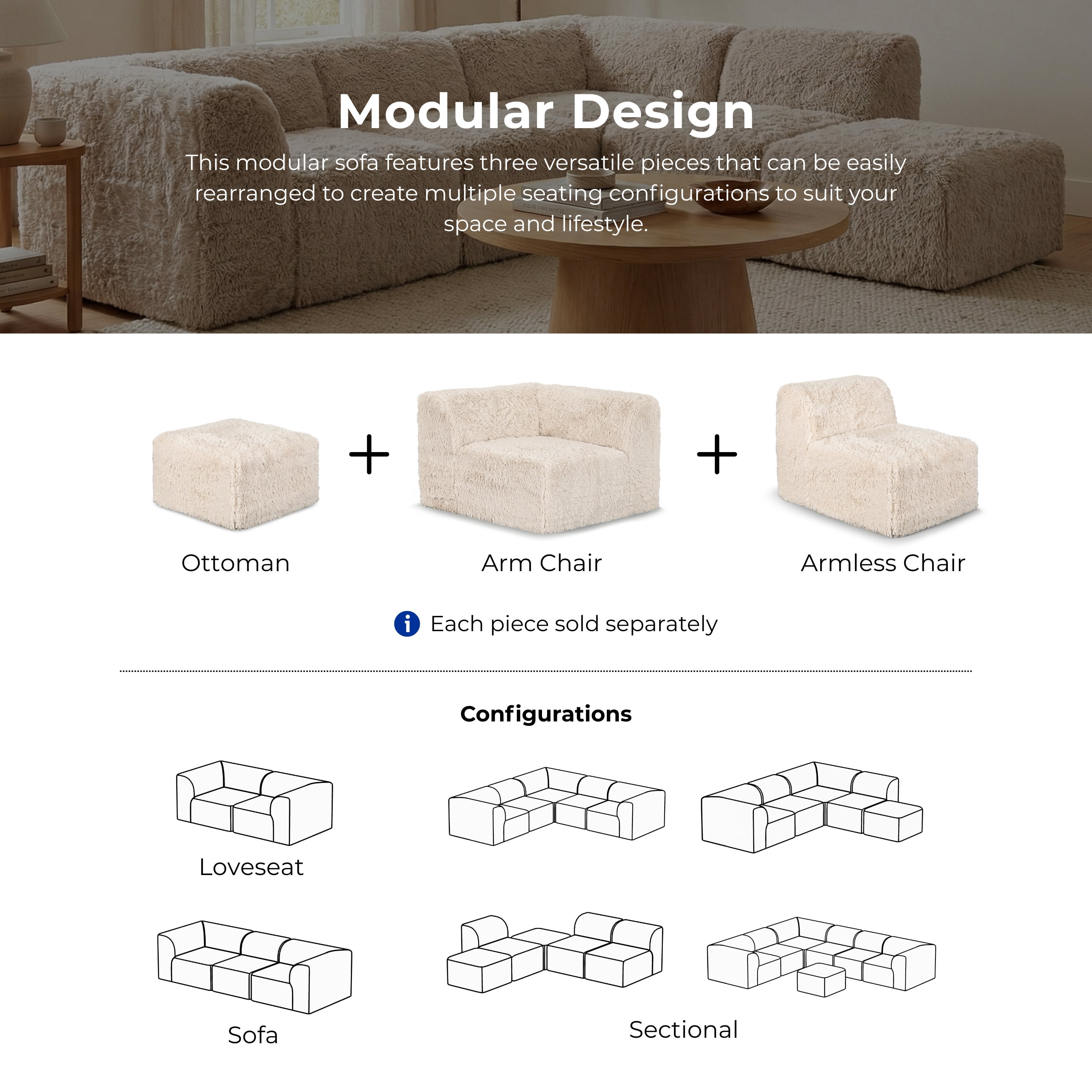 Furniture of America Pom Modern Faux Fur Modular Compressed Corner Chair, Sand Beige