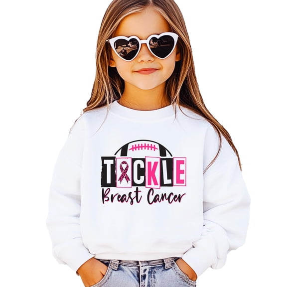 Tackle Breast Cancer Sweatshirt for Women, Teens & Kids Pink Ribbon Football Game Day Sweater White Sweatshirt Youth XS