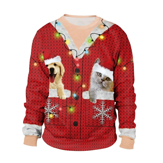 Sweats à Capuche pour Hommes Vêtements de Noël Décontractés Tops de Noël Jour à Manches Longues Pull Col Rond Rouge XL JE