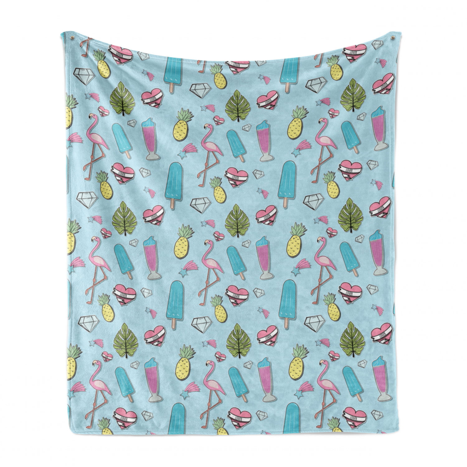 Flannel Fleece Accent Piece Soft Couch Cover for Adults Ambesonne Summer Throw Blanket Pale Blue Multicolor Repeating Fun Items of Popsicle Flamingo Pineapple Diamond Heart Star Leaf 50 x 70