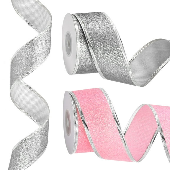 20 Yards x 1.5" Christmas Ribbon Metallic Wired Ribbon Shine Gift Wrapping Ribbon for Craft Birthday Wedding Festival Decoration, Pink/Silver