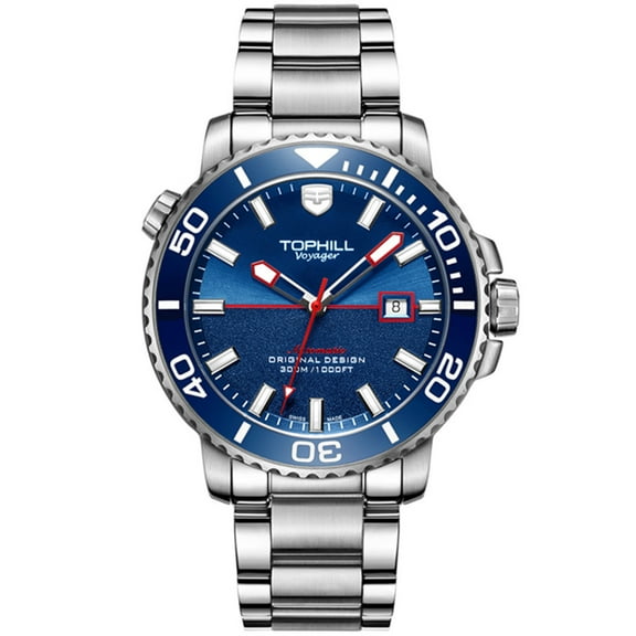 TOPHILL Men Calendar Vintage Swiss Analog Automatic Self-Winding Mechanical Movement Wrist Watch Steel Leather Band Sapphire Crystal Waterproof Luminous Business Clock