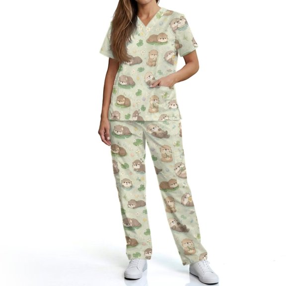 Kuiaobaty Otter Floral Print Scrubs for Women Set Stretch Nursing Uniforms Breathable Medical Scrubs for Vet Pediatric Nurse, Green