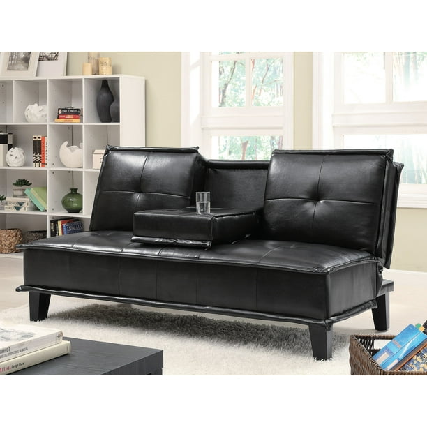 Contemporary Living Room Sofa Bed Futon Black Vinyl Faux Leather Drop Down Tray Com Contemporary Living Room Sofa Bed Futon, Black Vinyl Sofa Bed