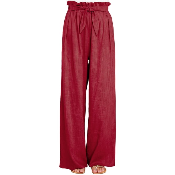 Sunloudy Pantalones casuales de pierna ancha para mujer, pantalones sueltos de longitud completa de cintura media atados de color sólido para damas, S / M / L / XL / XXL Sunloudy S M L XL XXL