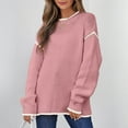 thumbnail image 5 of Women's Fashion Color Blocked Round Neck Long Sleeved Knitted Sweater Pullover Sweater Top for Fall Winter Stylish Casual Outfits,Pink,XL, 5 of 7