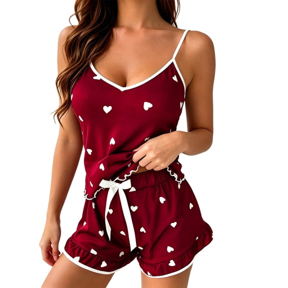 Kaemgyyd Womens Pajama Sets Cute Print Sleeveless Tank Top Cami Lounge Sets and Ruffle Bow Tie Shorts Pjs Sleepwear(Wine,X-Large)