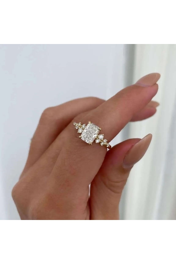 Cushion Cut Moissanite Diamond Engagement Ring for Women, 10K Vermeil Gold Band with Sparkling Side Stones, Bridal Promise Ring