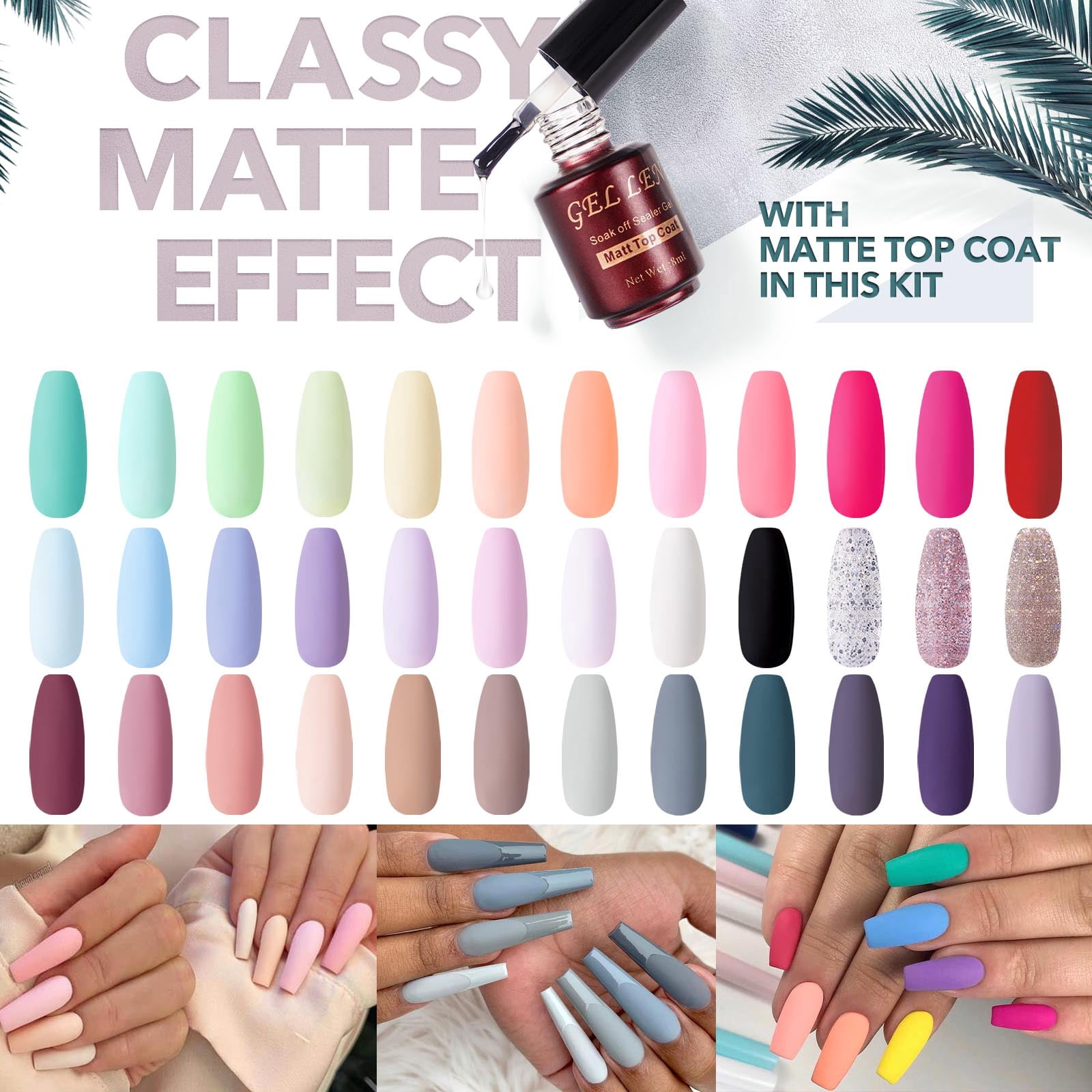 Gellen 39Pcs Gel Nail Polish Kit, 36 Colors Gel Polish Rainbow & Nudes & Grays Soak off UV Nail Gel Polish Set with Glossy Matte Top and Base Coat, DIY Salon Nail Art Valentine Gift for Women