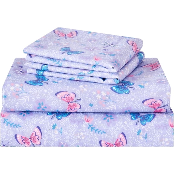 Viviland Kids Sheet Set Full Size, Girls Full Sheet Set with Floral Purple Butterfly Pattern, Breathable Silky Soft Microfiber Kids Fitted