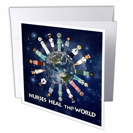 3dRose Nurses Heal the World planet earth with male and female nurses of all cultures circling the globe, Greeting Cards, 6 x 6 inches, set of 12