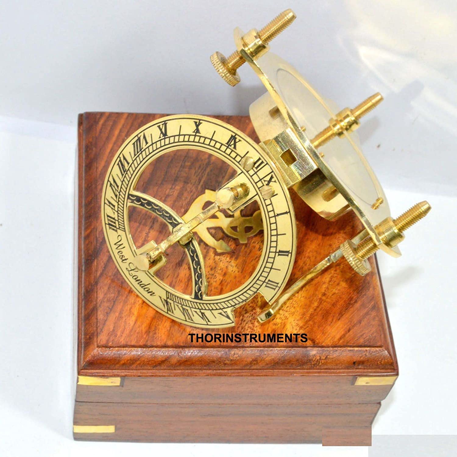 ANTIQUE BRASS SUNDIAL COMPASS WEST LONDON NAUTICAL ITEM WITH WOOD BOX FREE