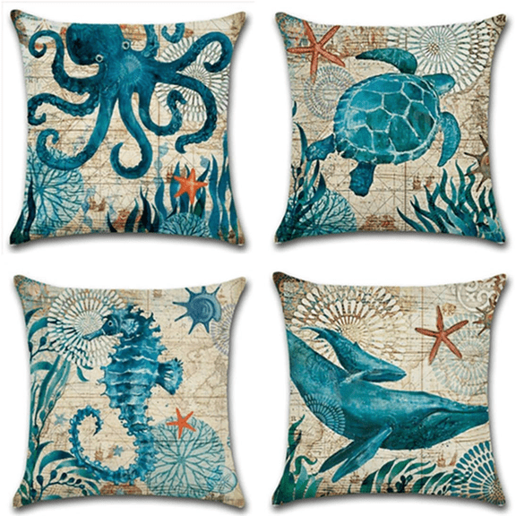 Mediterranean Style Throw Pillow Case Sea Theme Decorative Pillowcases Surtle Octopus Seahorse Whale Coastal Cushion Cover for 18x18 in, 4Pack Nautical Pillow Covers for Summer Beach House Decor