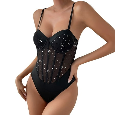 ERkkoi Women s Shapewear Bodysuit Tummy Control Corset Mesh Sheer Sleeveless Shirts Tops Y2K Body Suits For Womens Black S